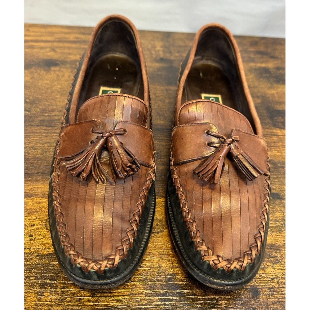 Cole Haan Two Tone Leather Tassel Kiltie Loafers Brown Black Woven Size 8 Shoes - Picture 13 of 13